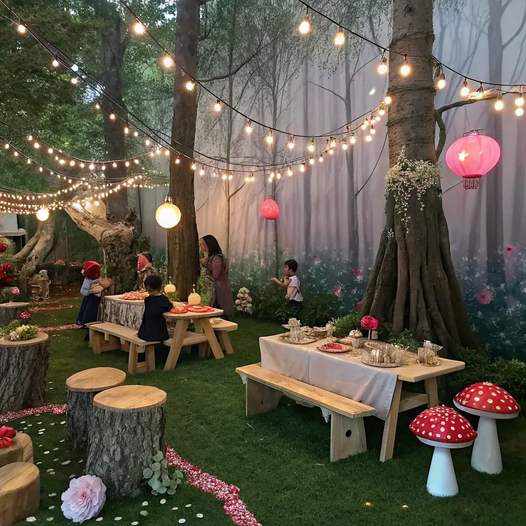 Enchanted forest theme party setup for Emma's birthday celebration