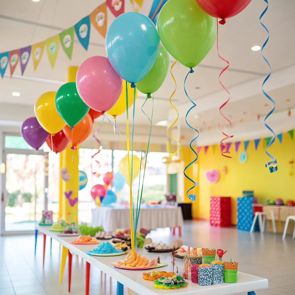 Colorful kids party setup with balloons and streamers