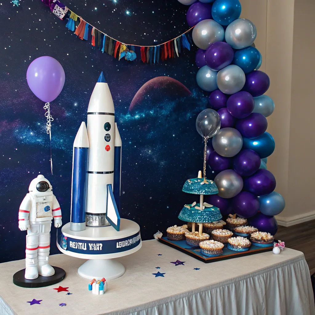 Space-themed party setup with rocket ship and astronaut elements for Liam's birthday